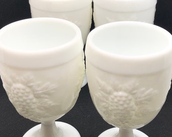 Smith Glass Co "Vintage" Milk Glass Water Goblets - Vintage Grape Patterned White Goblets