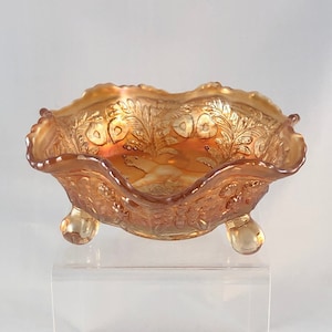 Fenton Footed Berry Sauce Bowl - &quot;Butterfly and Berry&quot; exterior & &quot;Panther&quot; interior - ca 1913-24