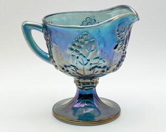 Indiana Glass Co / Colony Glass - Blue Carnival Glass - "Harvest" Footed Creamer - Revival Carnival, Iridescent Glass, Grape Decor