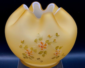 Fenton Glass Made for L.G. Wright - Amber Satin Glass - Cased Rose Bowl - Hand Painted & Artist Signed