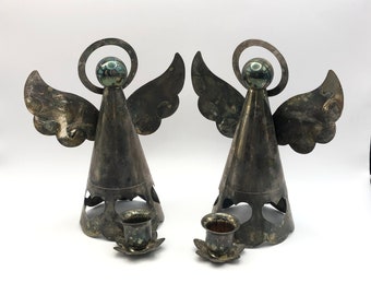 Angel Candle Holder Pair - Regal Quality Silver, Hong Kong - Silverplate Angels, Halos and Hearts.