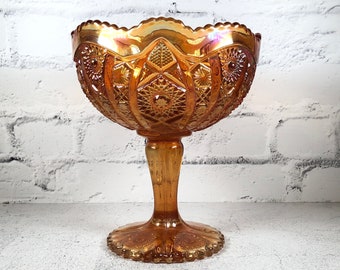 Antique Imperial - "Octagon" Pedestal Candy Dish - MarigoldTall Carnival Glass - Compote Bowl - Hobstar and Arches, ca. 1915