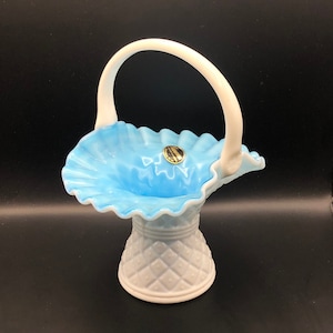 Kanawha #324PB - &quot;Diamond Dot&quot; - 8&quot; Basket in Sapphire Peach Blow - Blue Cased Milk Glass - Brides Basket - 1970&#39;s Glass