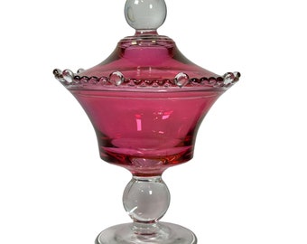 Paden City Glass Footed Candy Box in Ruby Flash and Clear, Beaded Edge, Vintage Glass