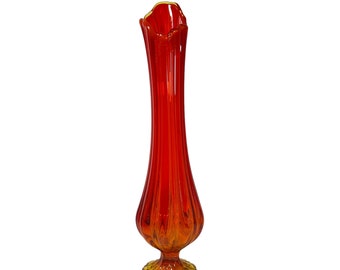 Vintage Smith Glass Ribbed Footed 17.5" Swung Vase in Flame, Mid Century Glass, 60s and 70s Decor, Orange Glass