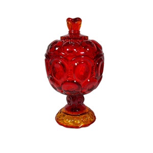 LE Smith Moon & Stars #5294, 8&quot; Amberina Covered Candy Box, Ruby Glass, Lidded Compote