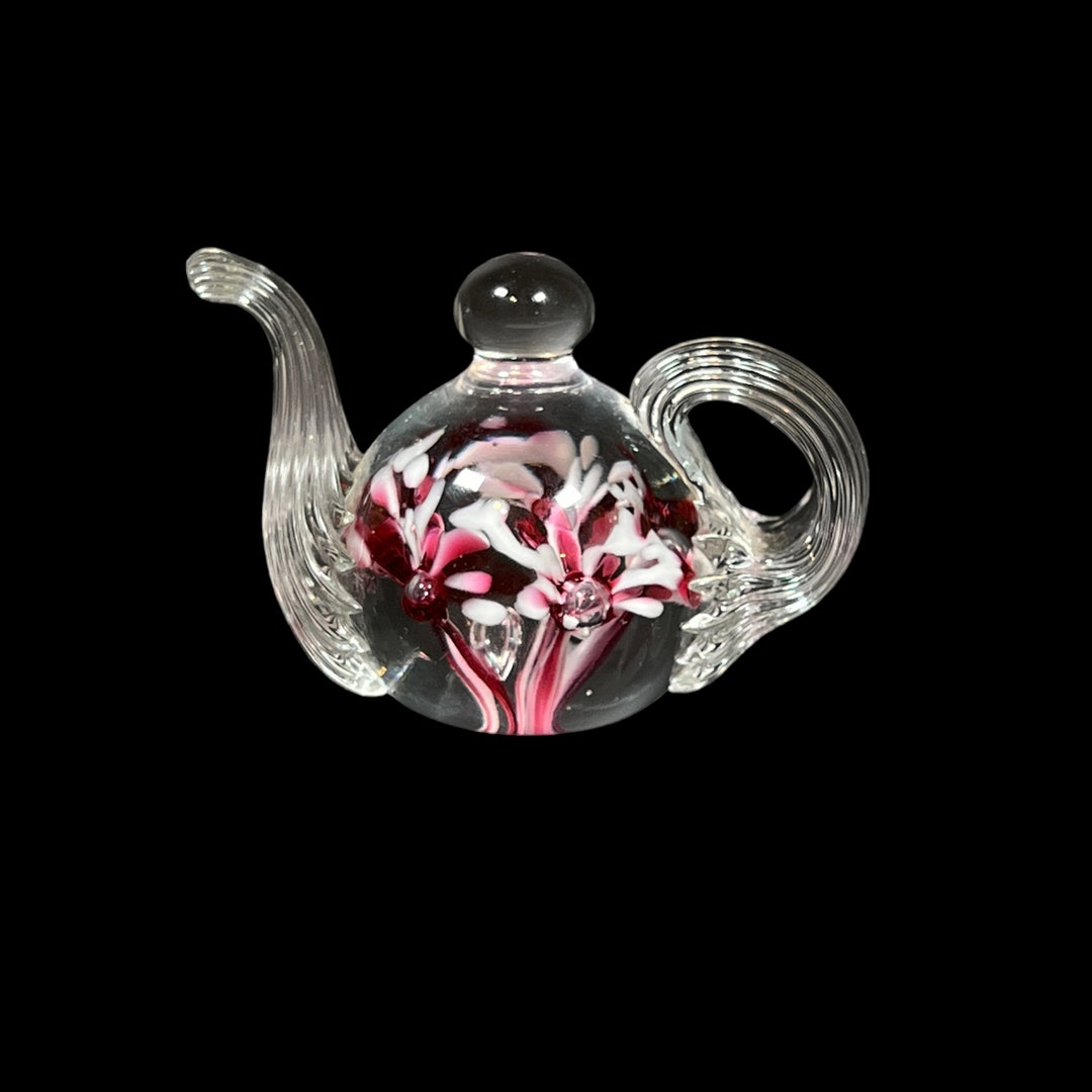 Gibson Glass Teapot Paperweight With Purple and White Flowers Stamped
