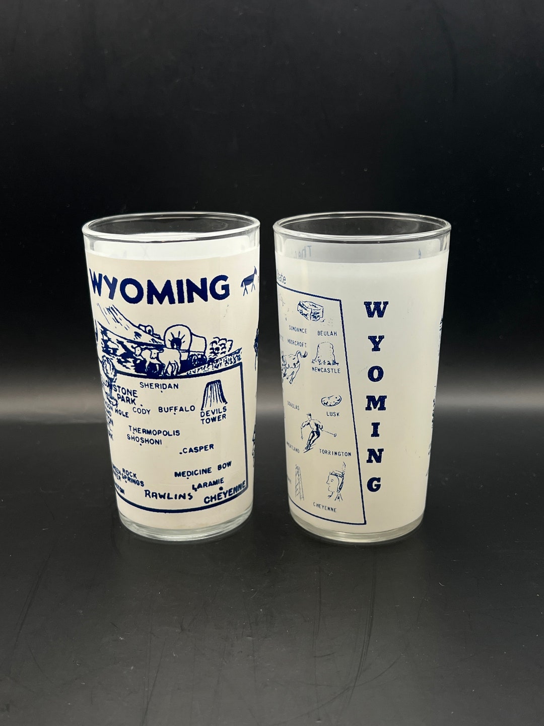 Vintage Hazel Atlas State Souvenir Glasses Pair of Wyoming Glasses
