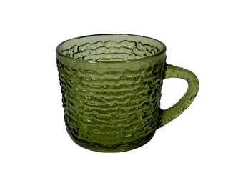 Anchor Hocking "Soreno" Mugs in Avocado Green Glass, Vintage Bark Pattern, 60's Glassware, Luncheon Cups