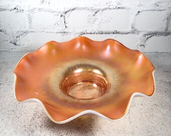 Dugan "Single Flower" Ruffled Bowl in Peach Opal Carnival Glass - Vintage Glass,