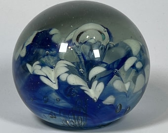 Vintage RedKey Glass Paperweight, Blue and White, Large Controlled Bubble