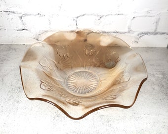 Jeanette Glass - Iris and Herringbone - 11" Ruffled Fruit Bowl - Flora-Gold - Shabby Chic Decor, Farmhouse Decor, Vintage Glass, Fruit Bowl