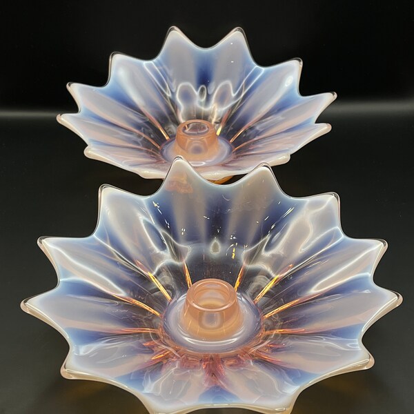 Fostoria "Heirloom" - Pair of Candleholders - Pink Opalescent Glass, vintage glass, 1960's decor