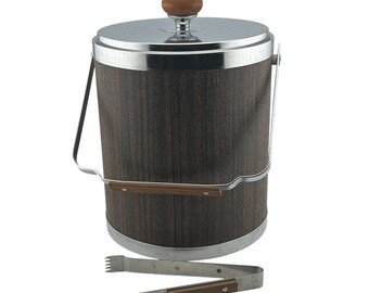 Vintage Large Kromex Ice Bucket Chrome and Wood Grain with Lid & Tongs