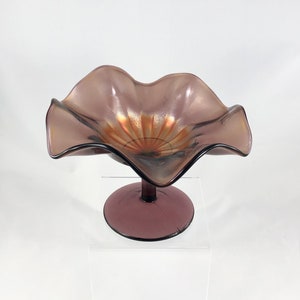 Fenton Carnival Glass - Ruffled Compote - &quot;Stippled Rays&quot; Pattern, Amethyst Carnival Glass - candy dish, trinket dish, catch all