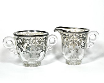 Vintage Heisey Glass "Lariat" Cream and Sugar with Silver Overlay - Silver Floral Filigree Decor,