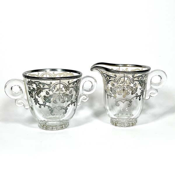 Vintage Heisey Glass "Lariat" Cream and Sugar with Silver Overlay - Silver Floral Filigree Decor,