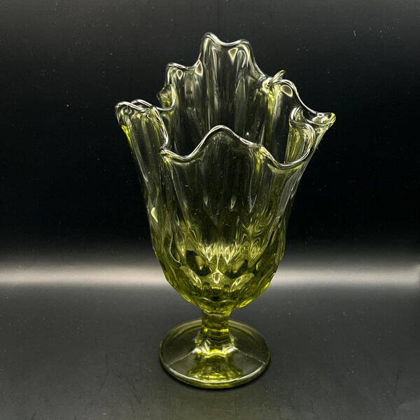 Fenton #4454 Footed "Thumbprint" Vase - Colonial Green - 1960's Vintage Glass, Handkerchief Vase