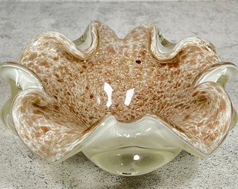 Murano Glass Abstract Flower Form Dish, Rolled Edges, Aventurine, MidCentury Glass