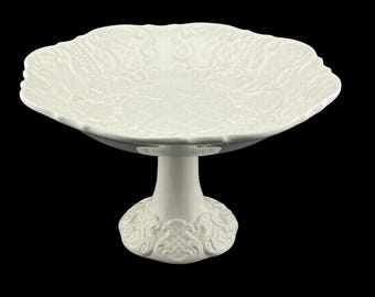 Vintage Embossed Cake Plate or Center Bowl in White Ceramic, Made in Italy