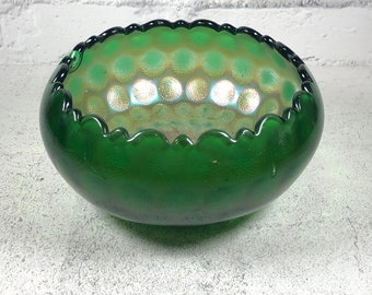 Fenton Green Carnival Glass - "Coin Dot" Rose Bowl - Vintage Art Glass, Iridized Collectible Glass