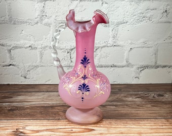 Vintage Frosted Glass Pitcher, Pink and White, Flower and Filigree Decorations