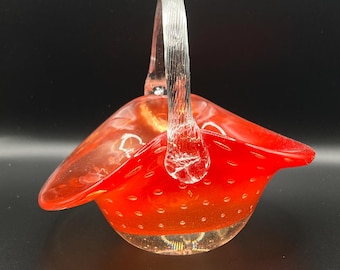 VintageArt Glass Basket in Orange and Clear Glass with Controlled Bubbles - Silver Dollar City Glass