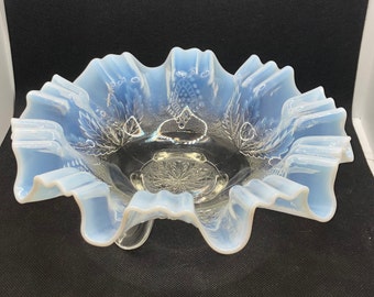 Northwood Glass Leaf and Diamonds Pattern White Opalescent Bowl - circa 1906 - EAPG