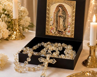 Our Faith wedding lasso crystal with Jesus Christ and Virgin of Guadalupe in a premium gift box - Church wedding lasso for bride and groom