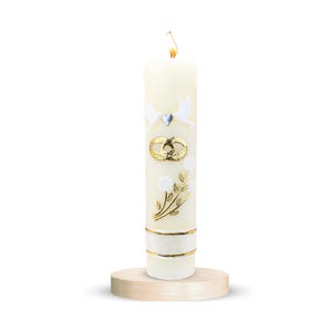 May include: A white wedding candle with gold rings, white doves, and a floral design on a wooden base.