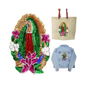 May include: A colorful sequined patch featuring a depiction of the Virgin Mary with flowers and a gold frame. The patch is shown on a denim jacket and a straw tote bag.