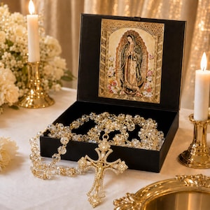 Our Faith wedding lasso crystal with Jesus Christ and Virgin of Guadalupe in a premium gift box - Church wedding lasso for bride and groom