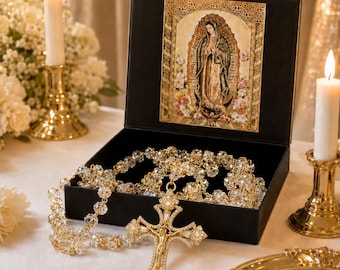 Our Faith wedding lasso crystal with Jesus Christ and Virgin of Guadalupe in a premium gift box - Church wedding lasso for bride and groom