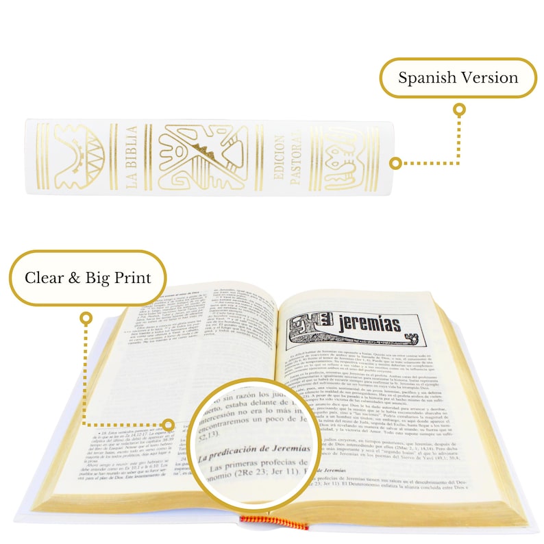 May include: An open Spanish language Bible with gold lettering on the spine. The spine reads "La Biblia" and "Edicion Pastora". The open pages show the book of Jeremiah with the text "La predicaci&oacute;n de Jeremias" and "Las primeras profecias de Jeremias (2Re 23, Jer 13, 11)".