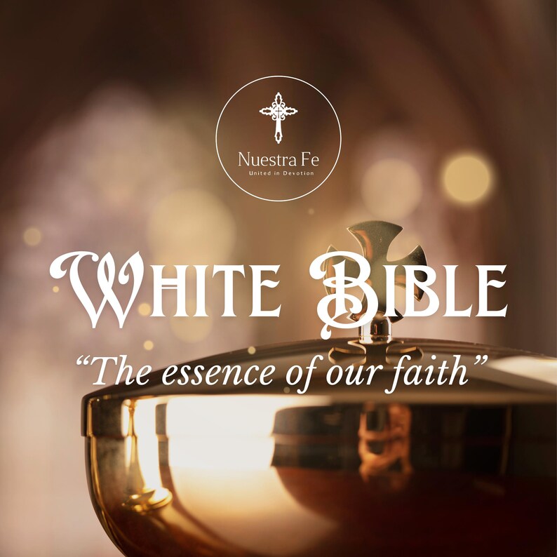 May include: White Bible with the text "The essence of our faith" on a gold chalice with a cross on top. The background is a blurry image of a church interior.