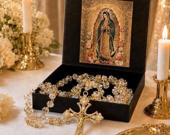 Our Faith wedding lasso crystal with Jesus Christ and the Virgin of Guadalupe in a premium gift box - Church wedding lasso for the bride and groom