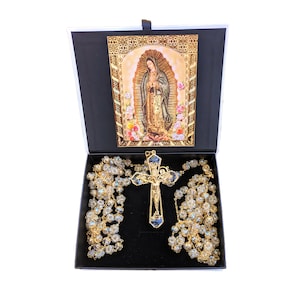 Nuestra Fe wedding lasso crystal with Jesus christ and virgen de guadalupe in a Premium gift box - Lazo de bodas de iglesia para novios