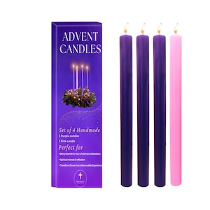 May include: A set of four handmade Advent candles. Three are a deep purple, and one is pink. The candles are displayed next to a purple box with the words "Advent Candles" and "Set of 4 Handmade" printed on it.