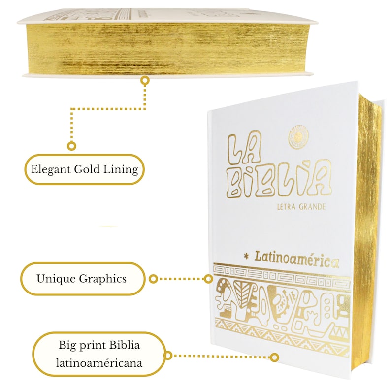 May include: White hardcover book with gold lettering and decorative accents. The title is "La Biblia" with the words "Letra Grande" and "Latinoam&eacute;rica" printed below. The book has a gold-lined edge.