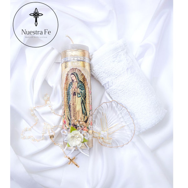 Brand: Nuestra Fe - Baptism Candle Set for Boys and Girls with Our Virgen de Guadalupe Candle, Rosary, Towel and Shell - Velas para bautizo