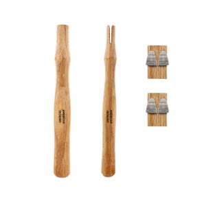 May include: Two wooden mallets with a forked head and a round head. Both mallets have the text "AMERICAN HICKORY" printed on them. Two silver metal heads are also shown.