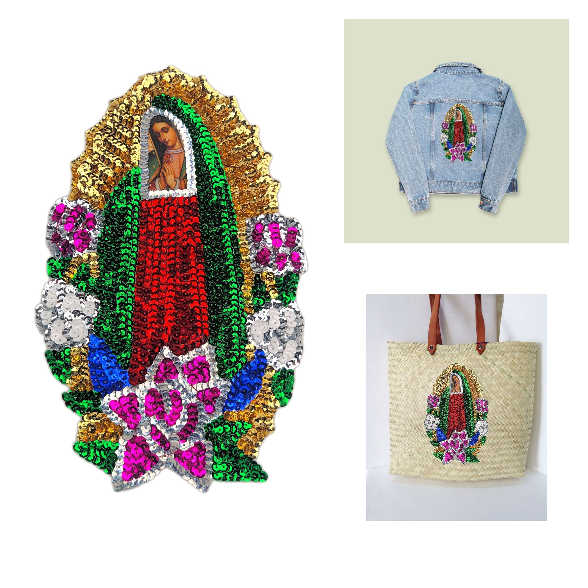 Our Lady Of Guadalupe Sequin Embroidered Patch - Red Rose Applique For Jackets, Bags & DIY Crafts