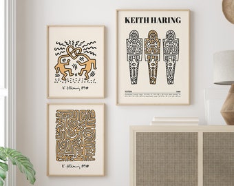 Conjunto de 3 gravuras de Keith Haring - Conjunto de parede de galeria - Pôster de exposição - Pôster de Keith Haring - Arte de parede de estampas - Pôster para impressão - Arte pop