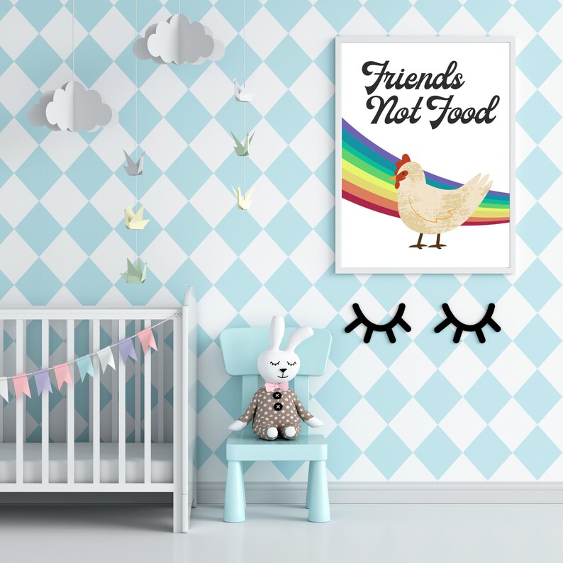 Vegan Art Compassionate Art Vegan Friends Not Food Rainbow Wall Art Vegan Plant-based Chicken Poster Hen Rainbow Chicken