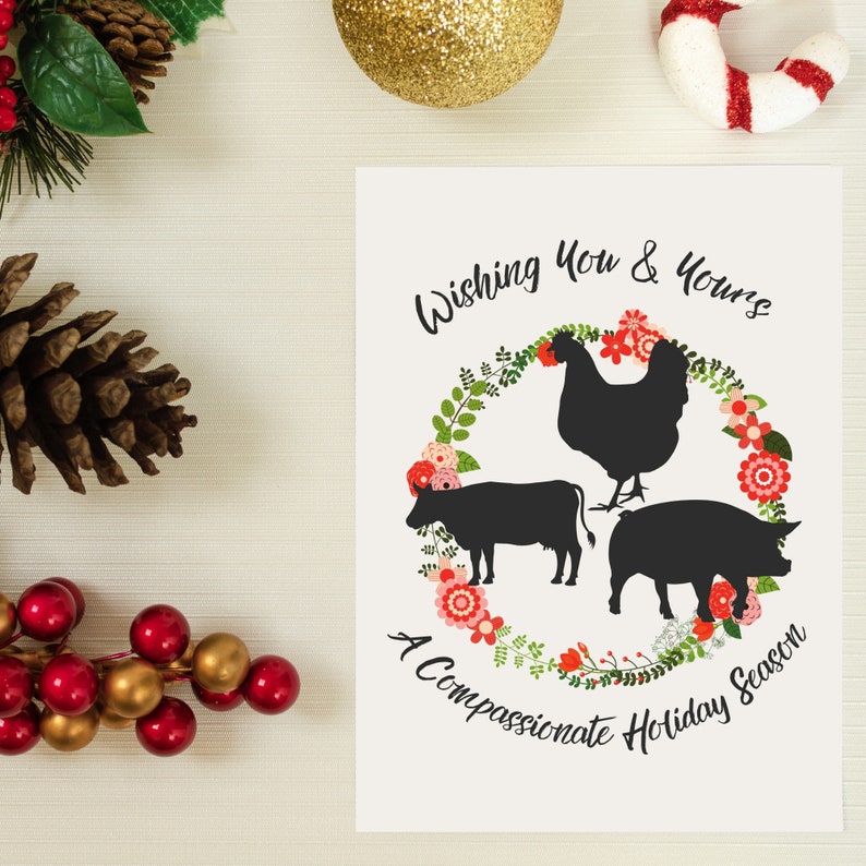 Compassionate Holiday Vegan PRINTABLE Vegan Holiday Vegan Art Chicken Digital Print Digital Print Pig Christmas Cow Holiday Card