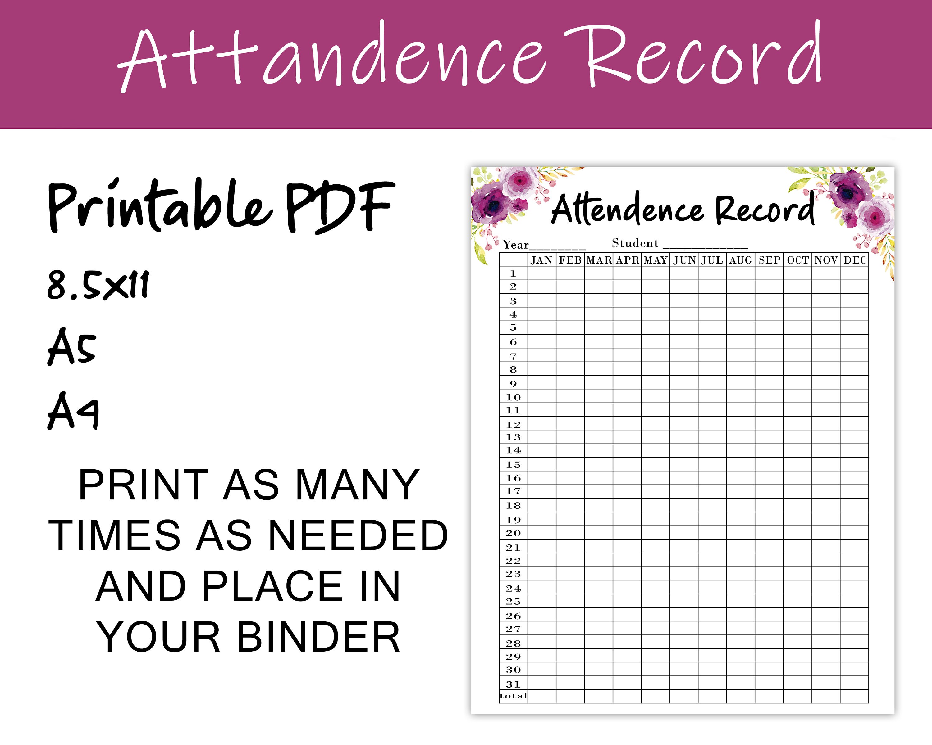 Homeschool Attendance Record Printable Attendance Record | Etsy