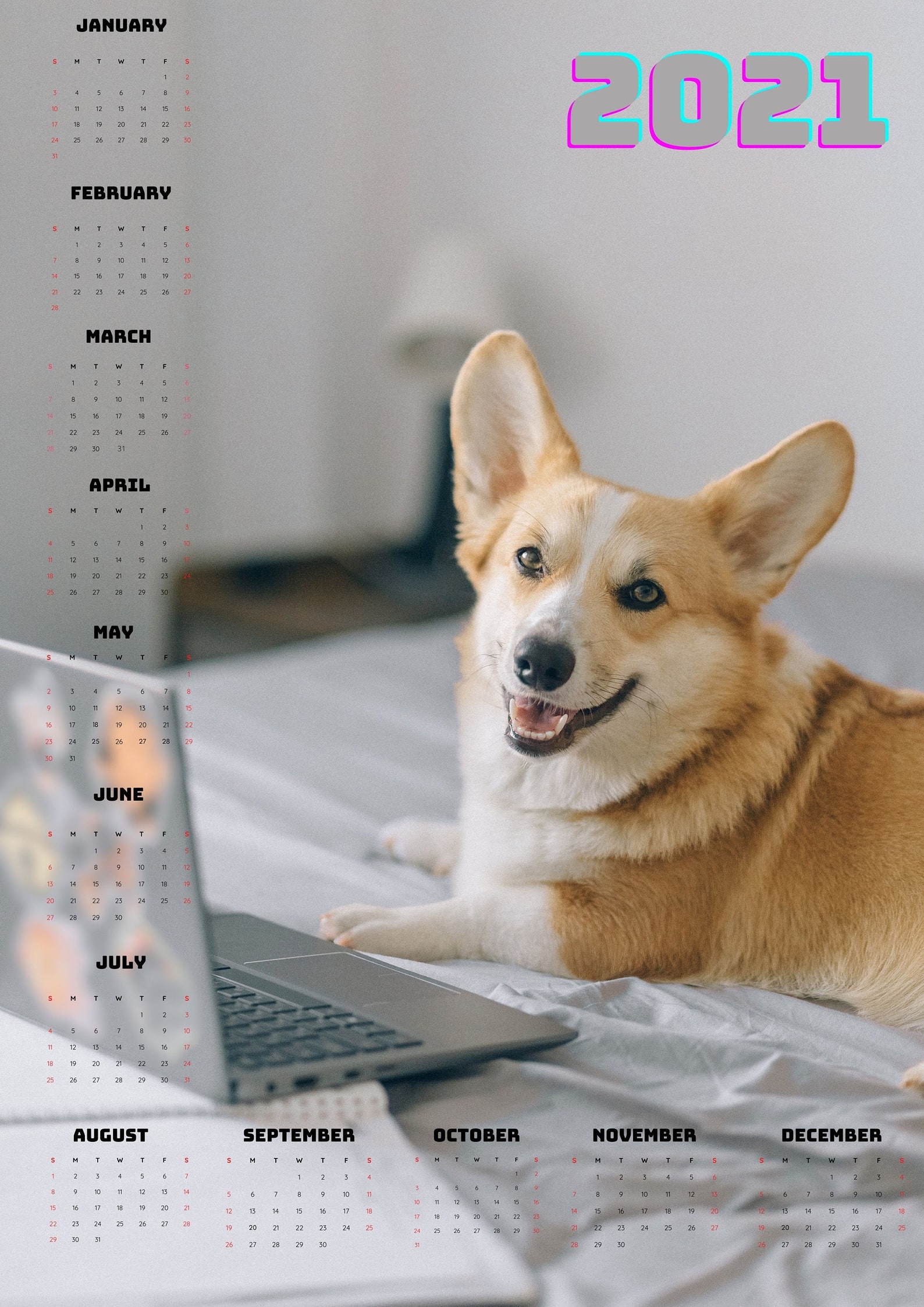 Corgi Wall Calendar 2021. Corgi calendar printable. | Etsy
