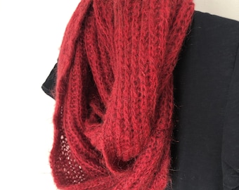 Knitted Infinity Loop Neck Scarf,  Claret Red Shawl, Knitting Wrap, Hand Made Scarves, Handmade Red Scarf