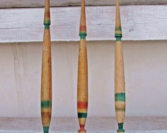 Antique primitive wooden hand carved spindles for weaving wool yarn Lot of 3 - Vintage - Primitive Bulgarian Spindles Set of 3