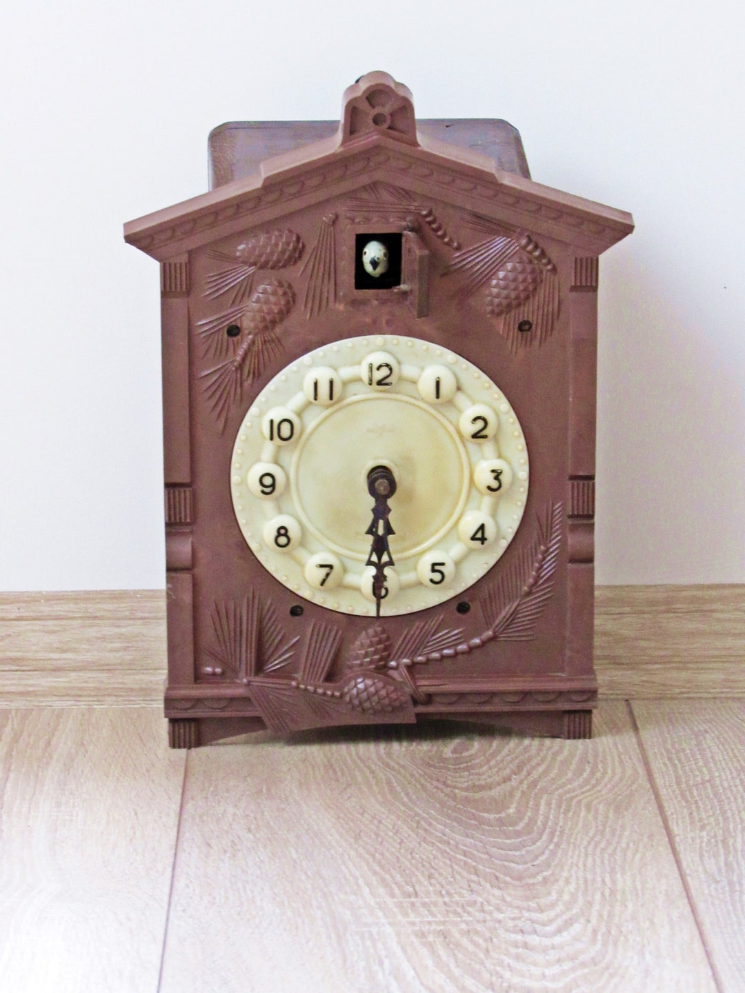 Broche Vintage Tchécoslovaquie Coucou Horloge - Dorée, Occasion, Métal Doré